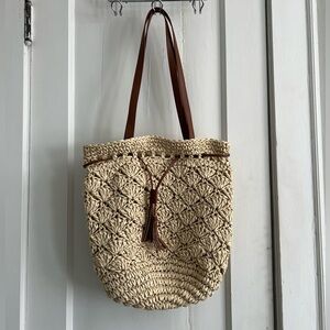 Straw Rattan Shoulder Purse with Vegan Leather Handles